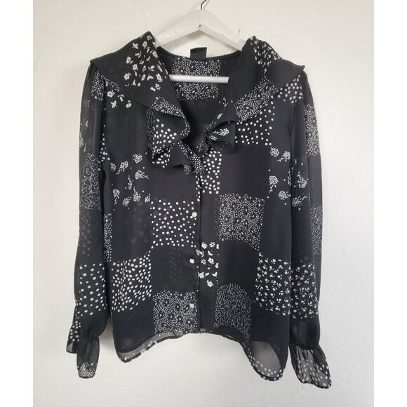 Vintage Judy Knapp Patchwork Print Sheer Button-Up Blouse Ruffle Collar Black - Picture 1 of 6